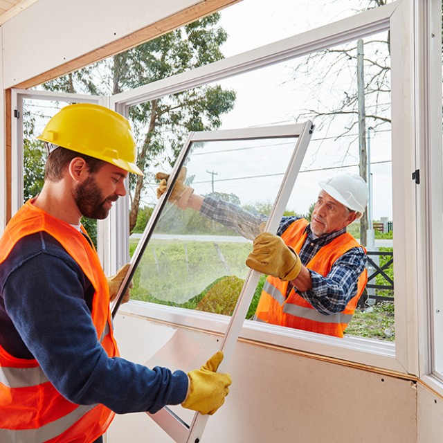 Zwei Handwerker tauschen Fenster aus, um ein Gebäude nach einer Energieberatung energieeffizienter zu machen Handwerker bauen Fenster ein